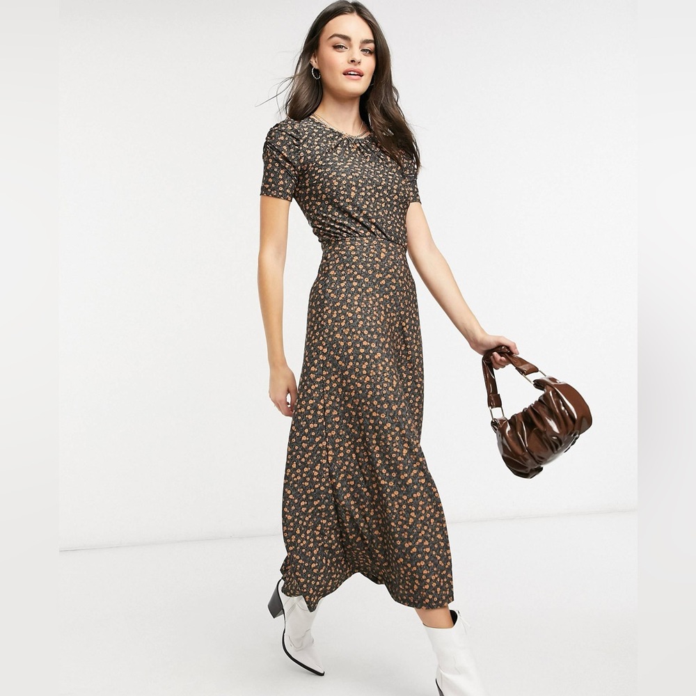 Stradivarius midi dress with open back in brown floral